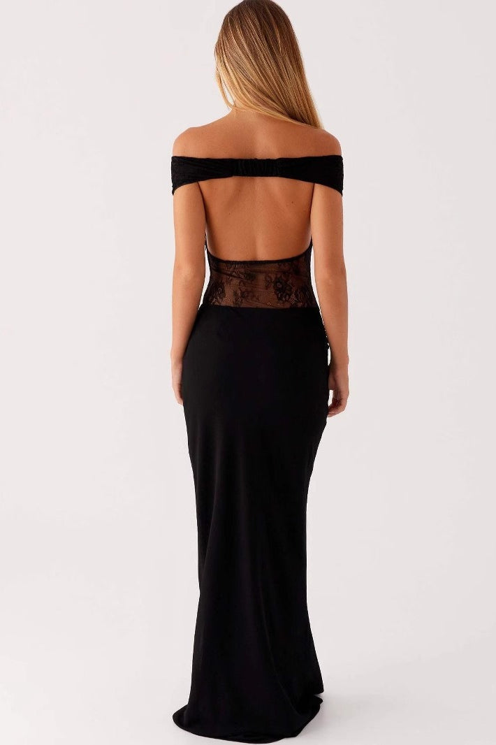 Off Shoulder Sweetheart Lace Paneled Sheer Midriff Column Maxi Dress 3