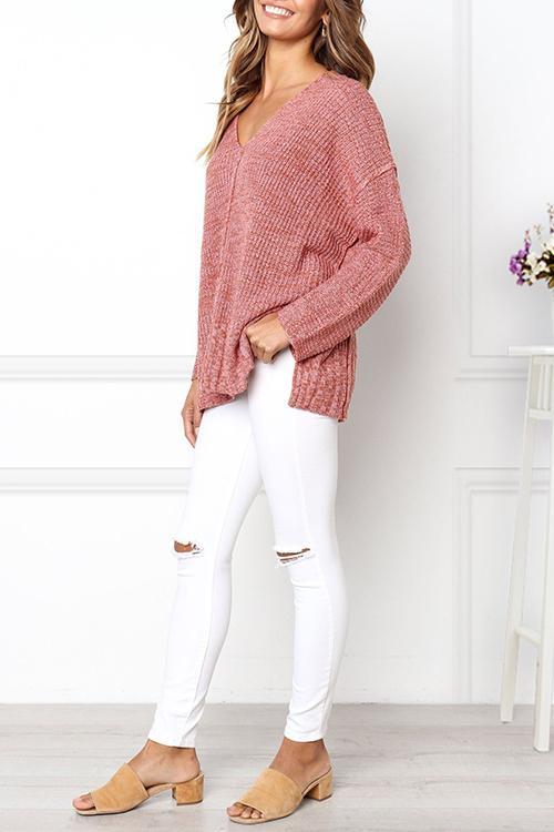 Casual Slit Hem Pink Sweater