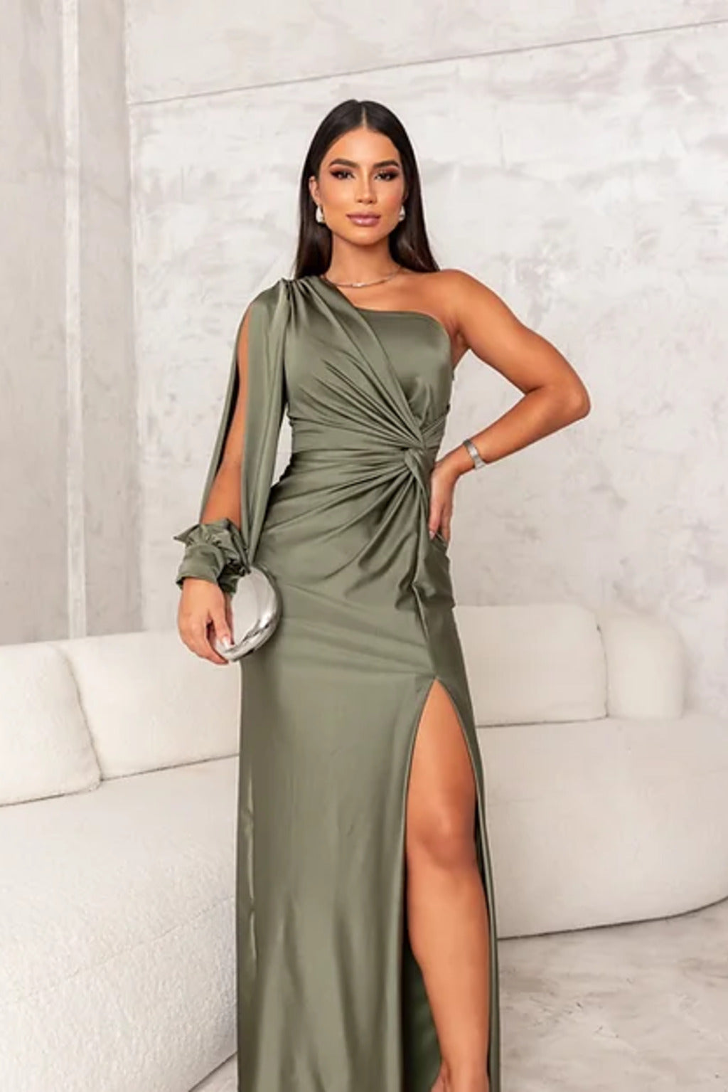 One Shoulder Draped Sleeve Ruched Waist High Slit Satin Maxi Dress 18