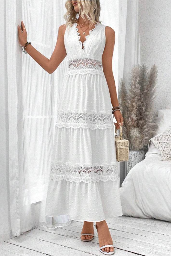 White Lace Trim V-Neck Sleeveless Tiered Maxi Dress