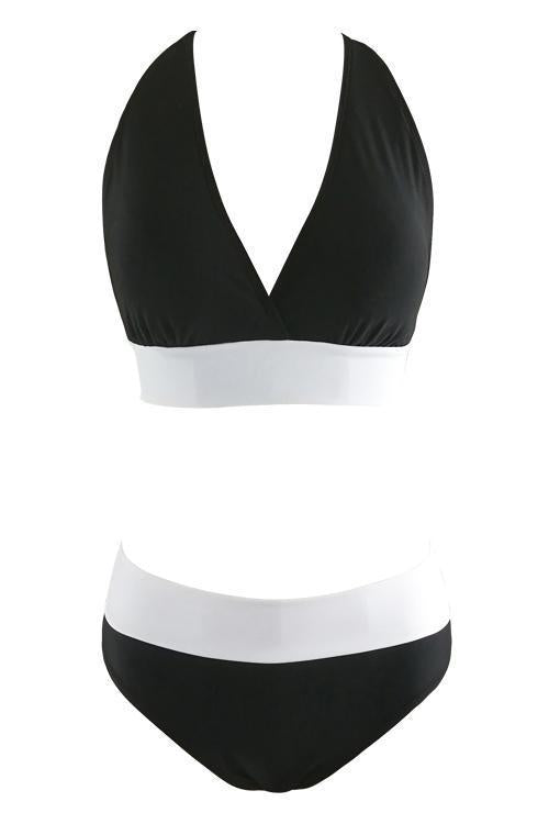 Black White Padded Tied Cross Back Two Tone High Waisted Two Piece Swimsuit