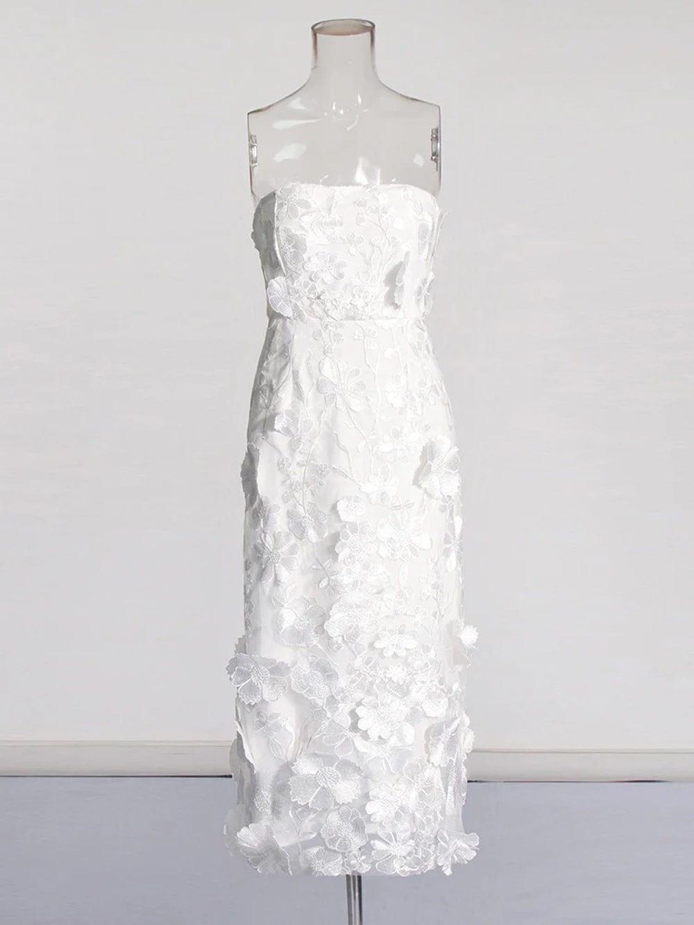 Strapless 3D Floral Applique Embroidered Garden Mesh Overlay Column Midi Dress 4
