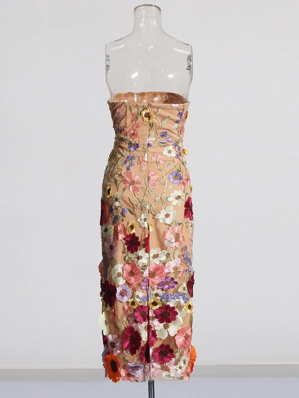 Strapless 3D Floral Applique Embroidered Garden Mesh Overlay Column Midi Dress 8