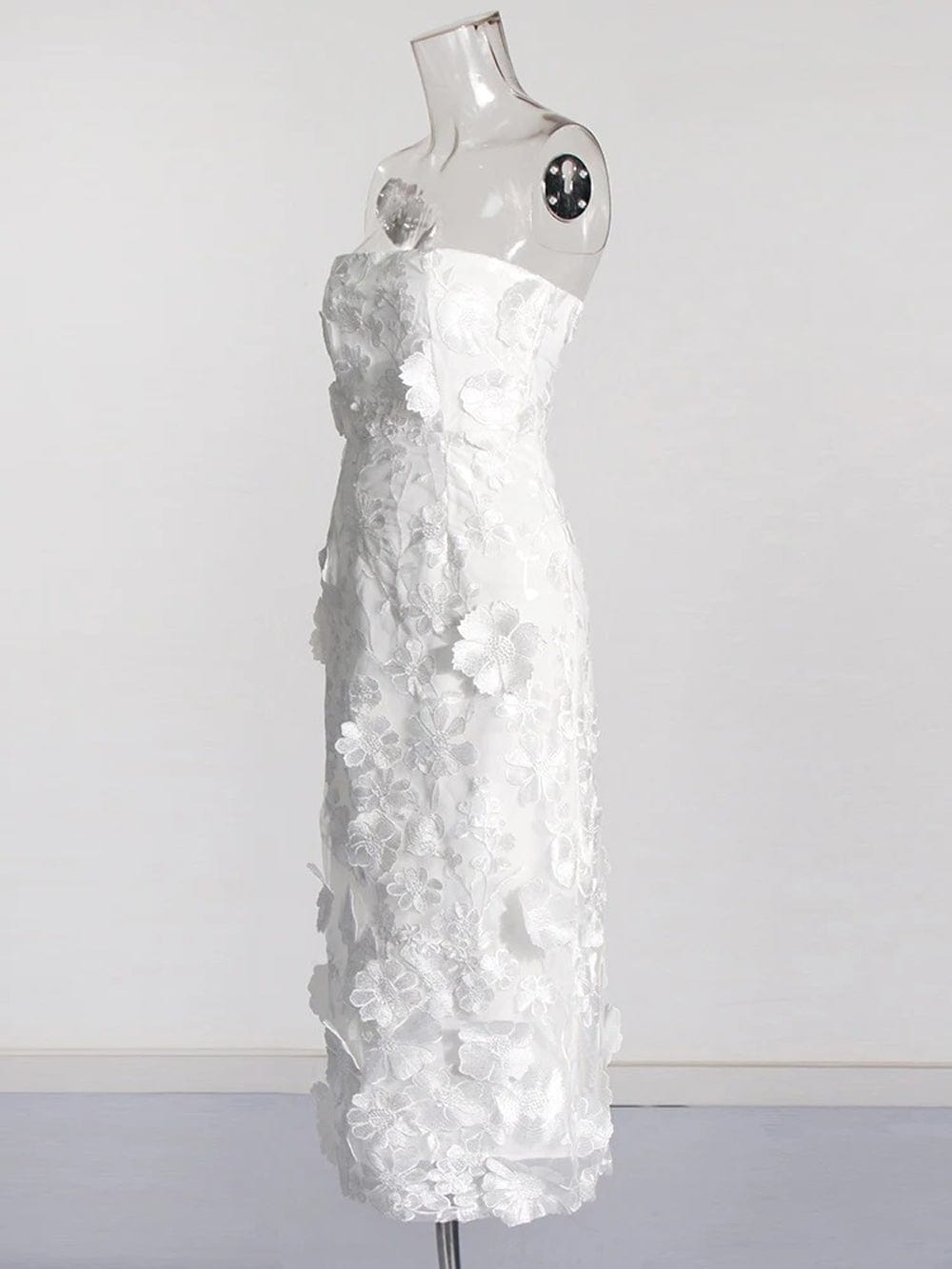 Strapless 3D Floral Applique Embroidered Garden Mesh Overlay Column Midi Dress 6