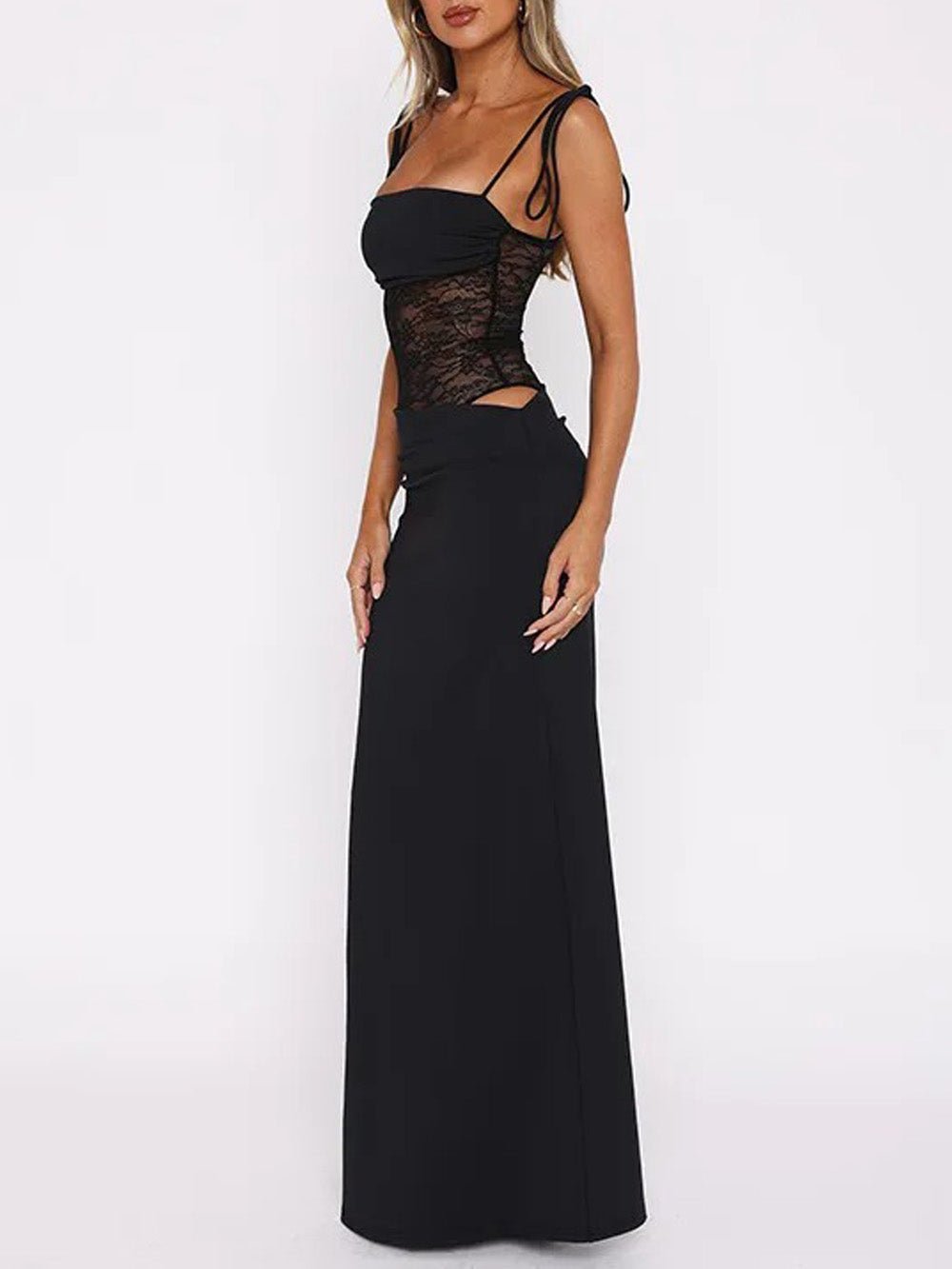 Floral Lace Panel Hip Cutout Spaghetti Strap Bodycon Maxi Dress 4