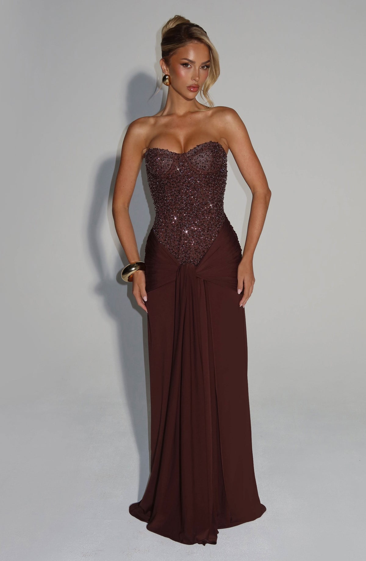Strapless Sequin Beaded Sweetheart Corset Drape Front Maxi Gown