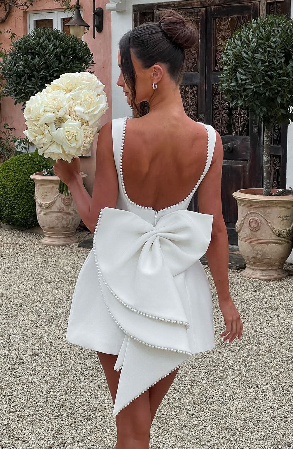 Low Back Pearl Trim Oversized Bow Cascade Mini Dress