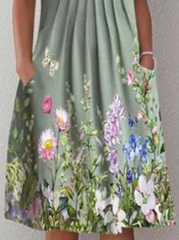 Round Neck Short Sleeve Pleated Front Floral Placement Print Pocket Midi Dress 3