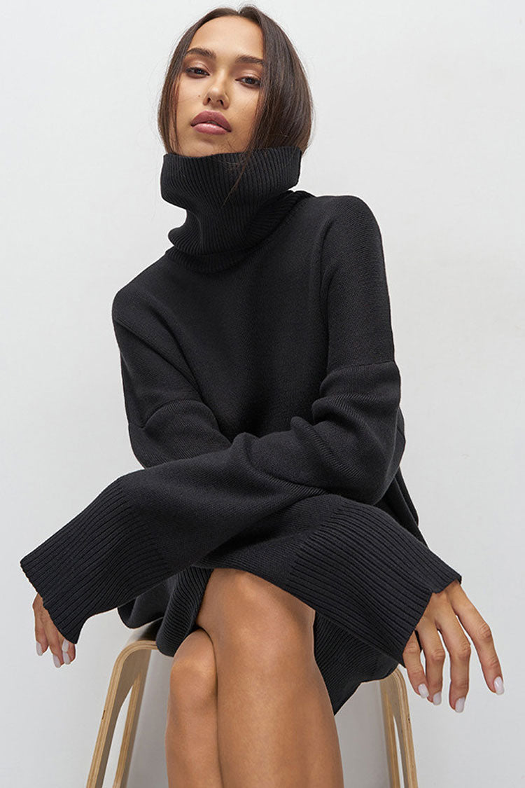 Turtleneck Oversized Balloon Sleeve Ribbed Hem Knit Sweater Mini Dress 4