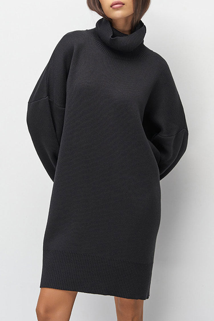 Turtleneck Oversized Balloon Sleeve Ribbed Hem Knit Sweater Mini Dress