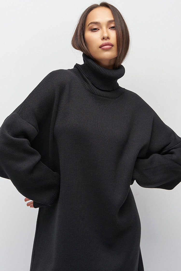 Turtleneck Oversized Balloon Sleeve Ribbed Hem Knit Sweater Mini Dress 3