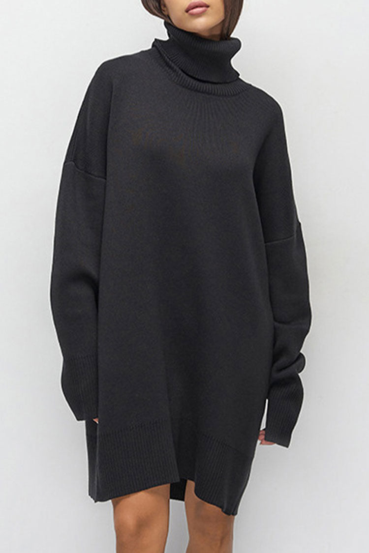Turtleneck Oversized Balloon Sleeve Ribbed Hem Knit Sweater Mini Dress 2