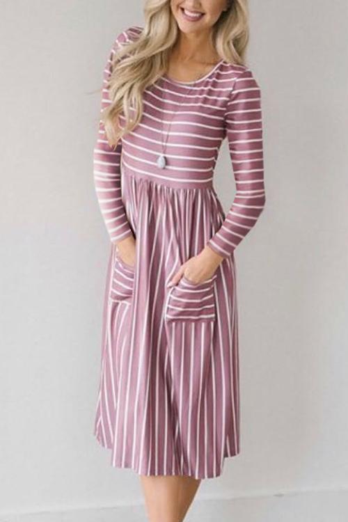 Pockets Striped Mid Calf Dress