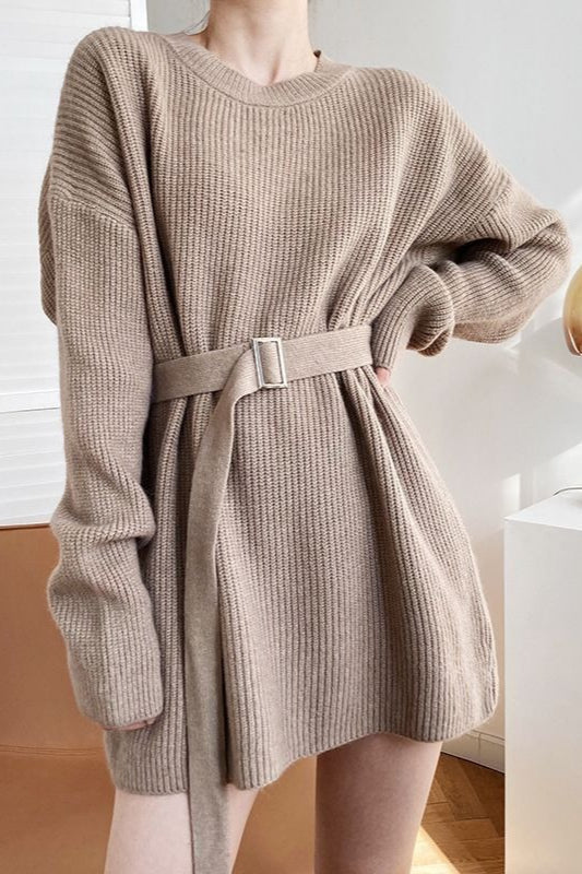 Rib Knit Belted Square Buckle Balloon Sleeve Sweater Mini Dress 4