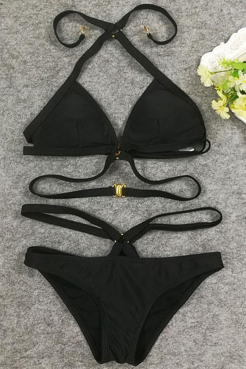 Black O Ring Halter Strappy Crisscross Sexy Triangle Bikini Swimsuit Set