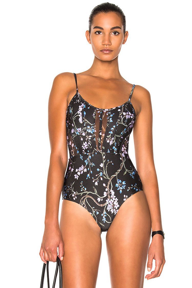 Celebrity Floral Print Mesh Panel Cami One Piece Swimsuit