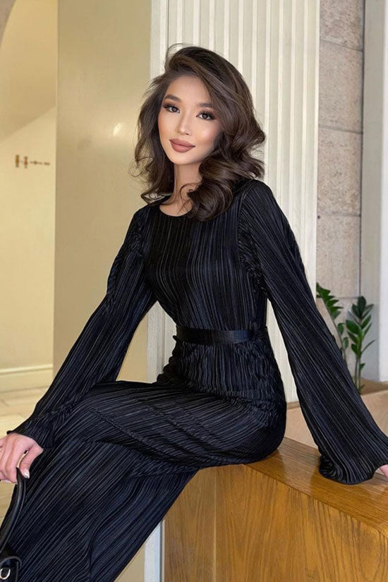 Plisse Round Neck Bell Sleeve Tie Waist Lettuce Hem Maxi Dress 2