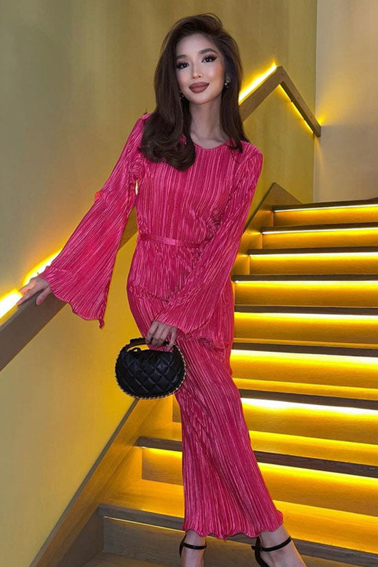 Plisse Round Neck Bell Sleeve Tie Waist Lettuce Hem Maxi Dress 2