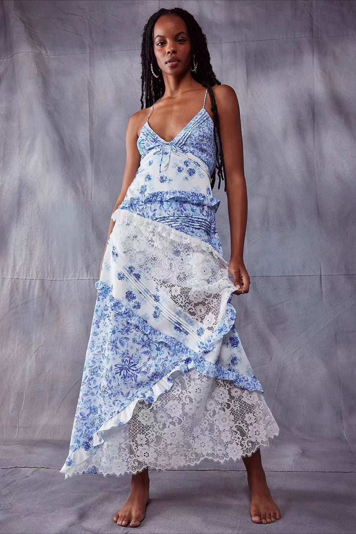 Deep V Neck Tie Front Patchwork Floral Lace Tiered Maxi Dress 4