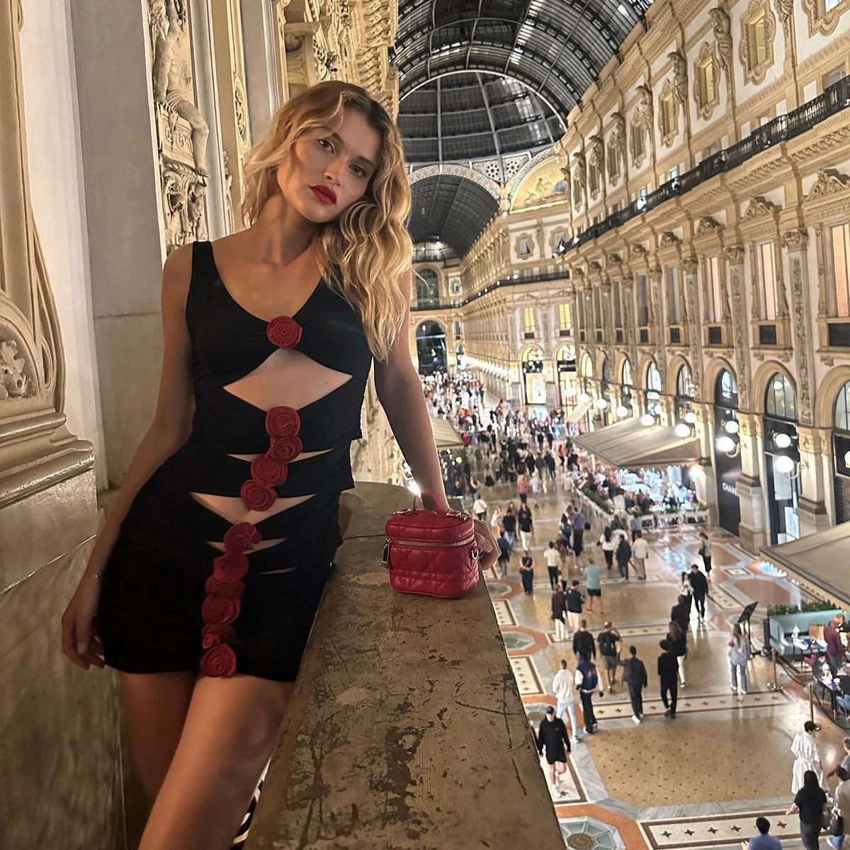 Deep V Neck Vertical Cutout 3D Rosette Applique Bodycon Mini Dress 4