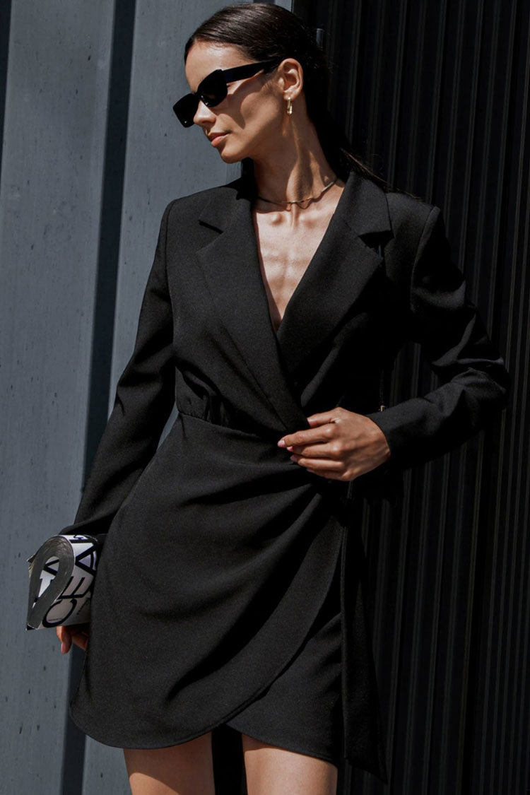 Long Sleeve Notched Lapel Padded Shoulder Wrap Ruched Tulip Hem Blazer Mini Dress