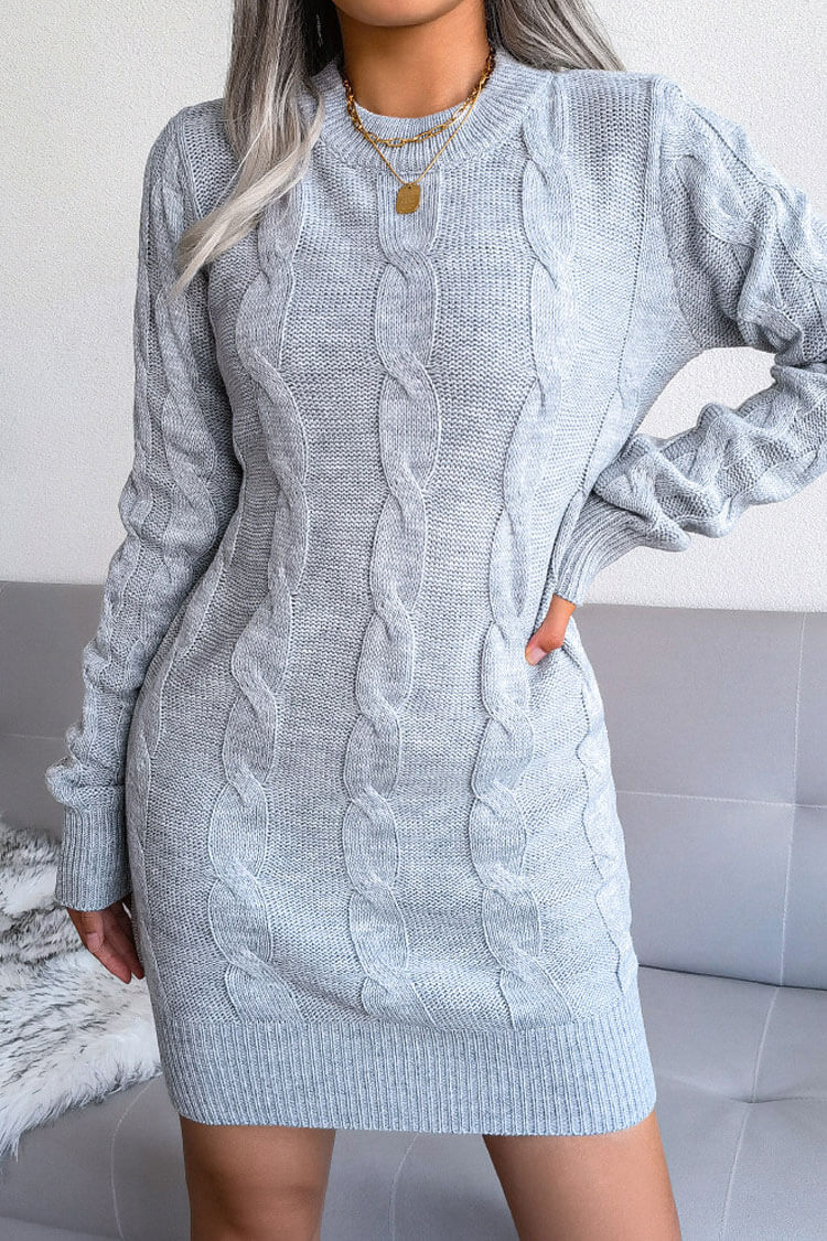 Cable Knit Crew Neck Long Sleeve Ribbed Bodycon Sweater Mini Dress