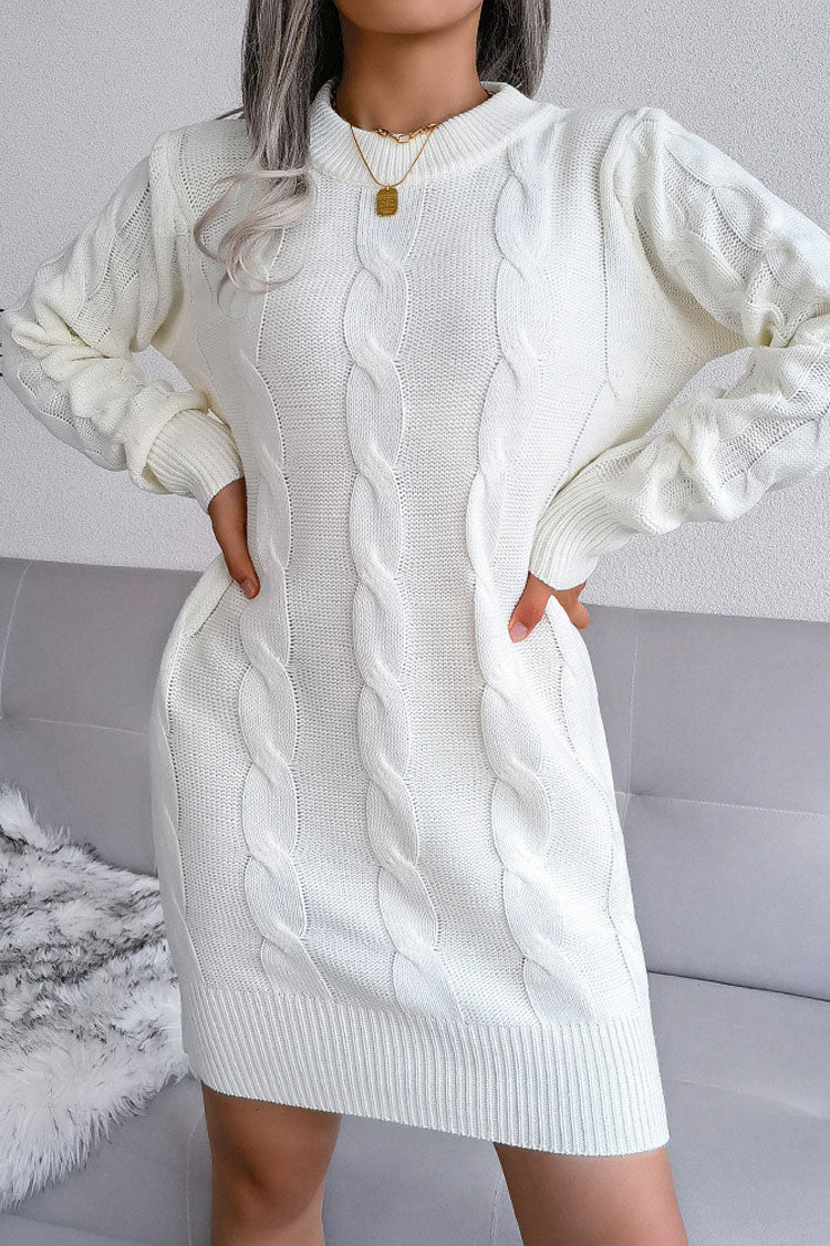 Cable Knit Crew Neck Long Sleeve Ribbed Bodycon Sweater Mini Dress