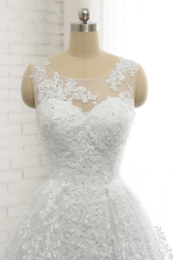 Classic Round neck Lace appliques White Princess Wedding Dress