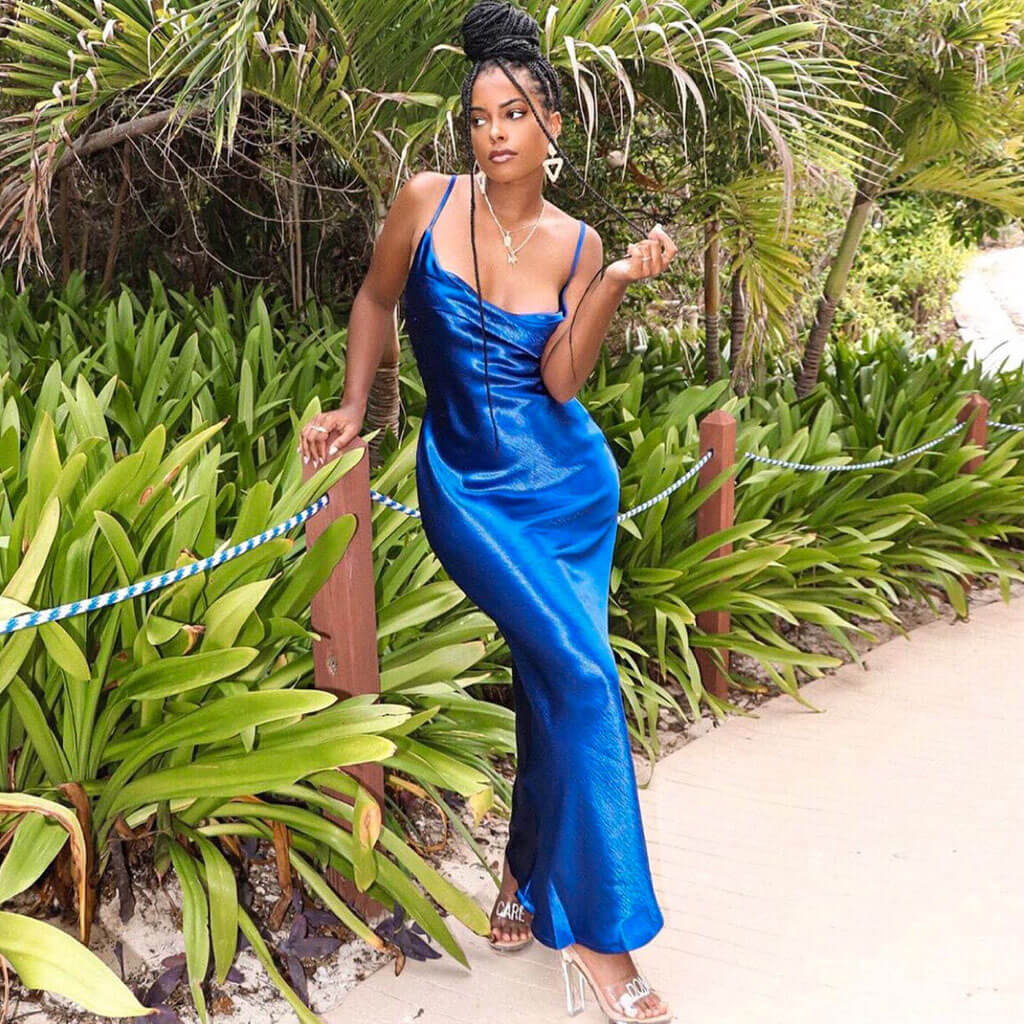 Cowl Neck Tie String Backless Silky Slip Maxi Dress