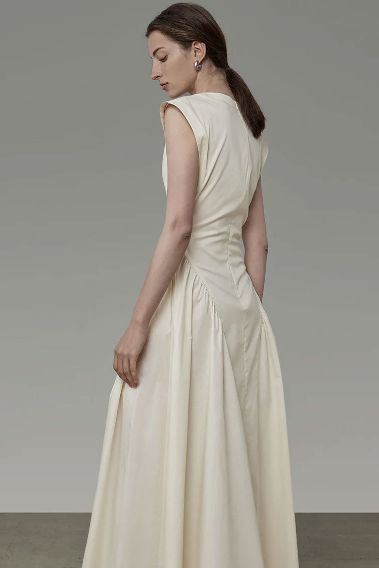 V-Neck Collar Sleeveless Drop Waist Gathered Pleat Panel Midi Dress 4