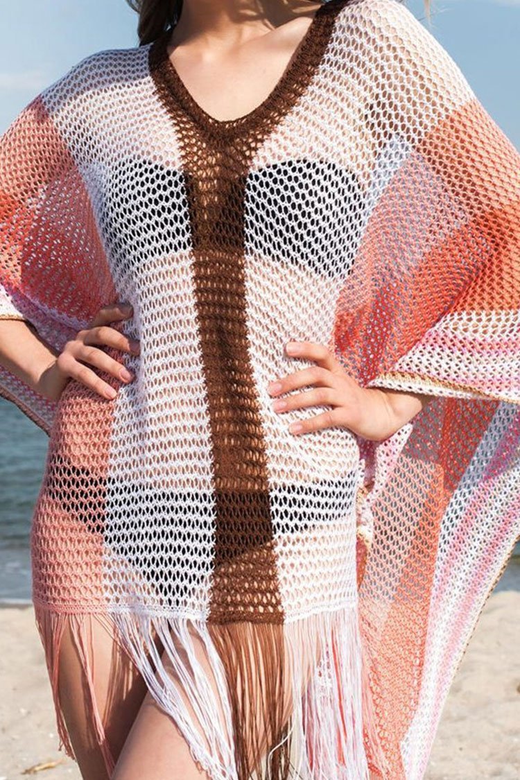 Colorful Stripe Tassel Sheer Crochet Cover Up