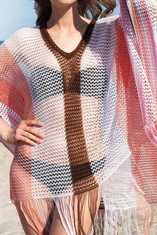 Colorful Stripe Tassel Sheer Crochet Cover Up