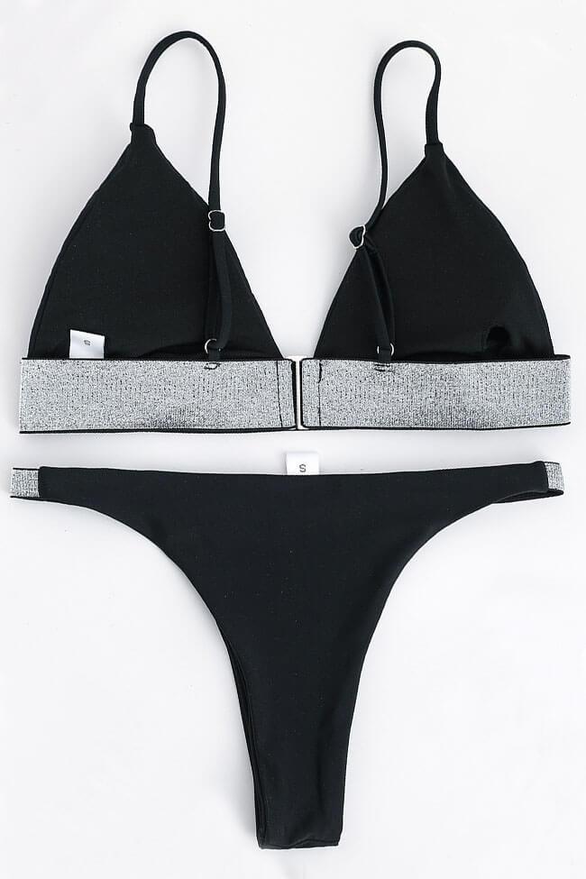 Contrast Color Metallic Triangle Bikini Swimsuit - Two Piece Set