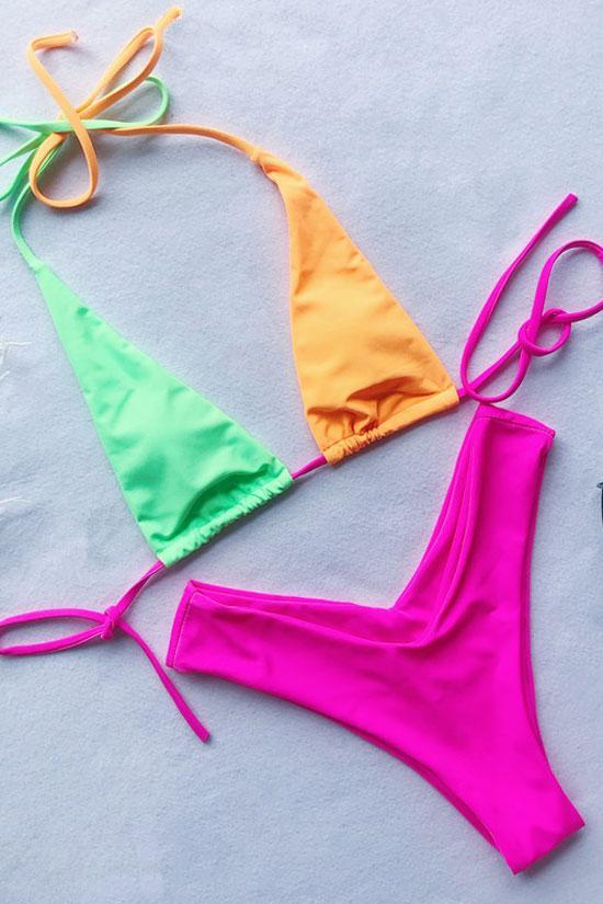 Contrast Color Micro Slide Triangle Bikini Swimsuit - Two Piece Set