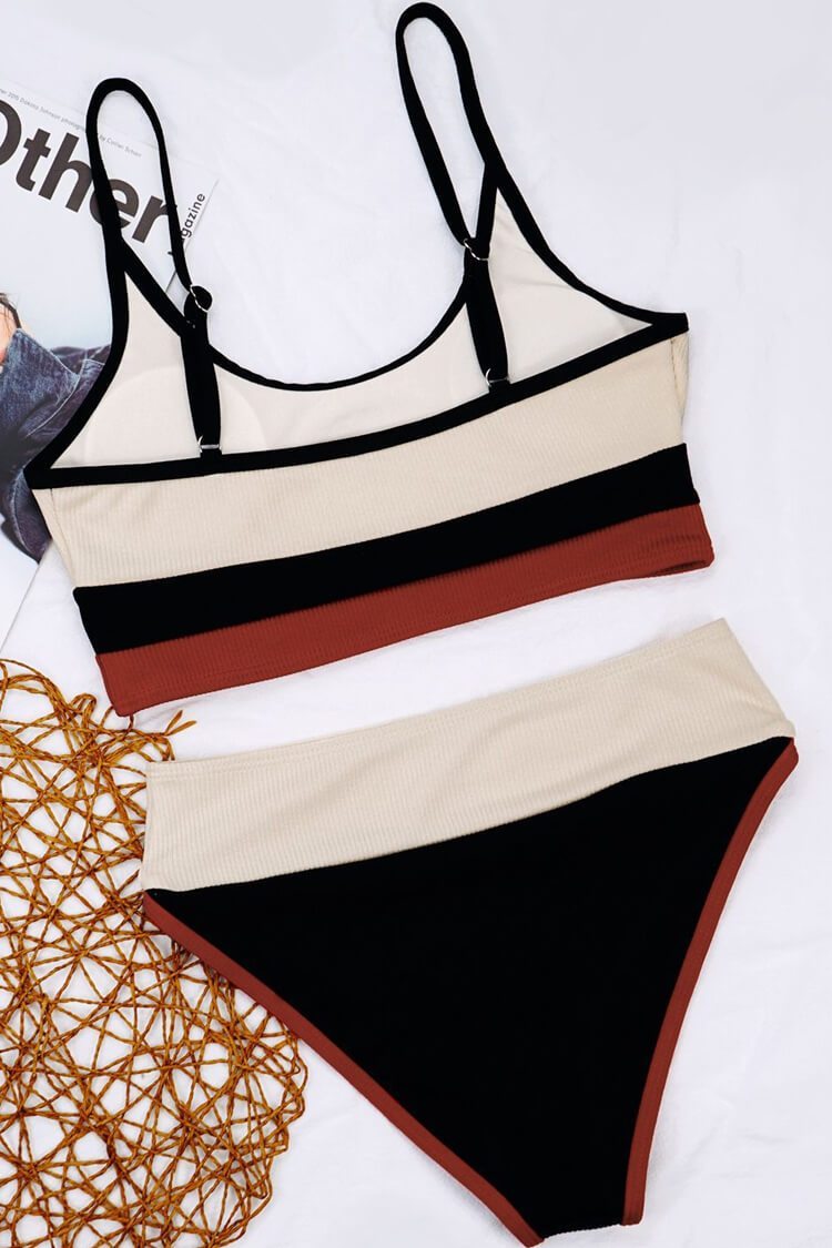 Contrast High Waist Ribbed Bralette Bikini Swimsuit - Two Piece Set