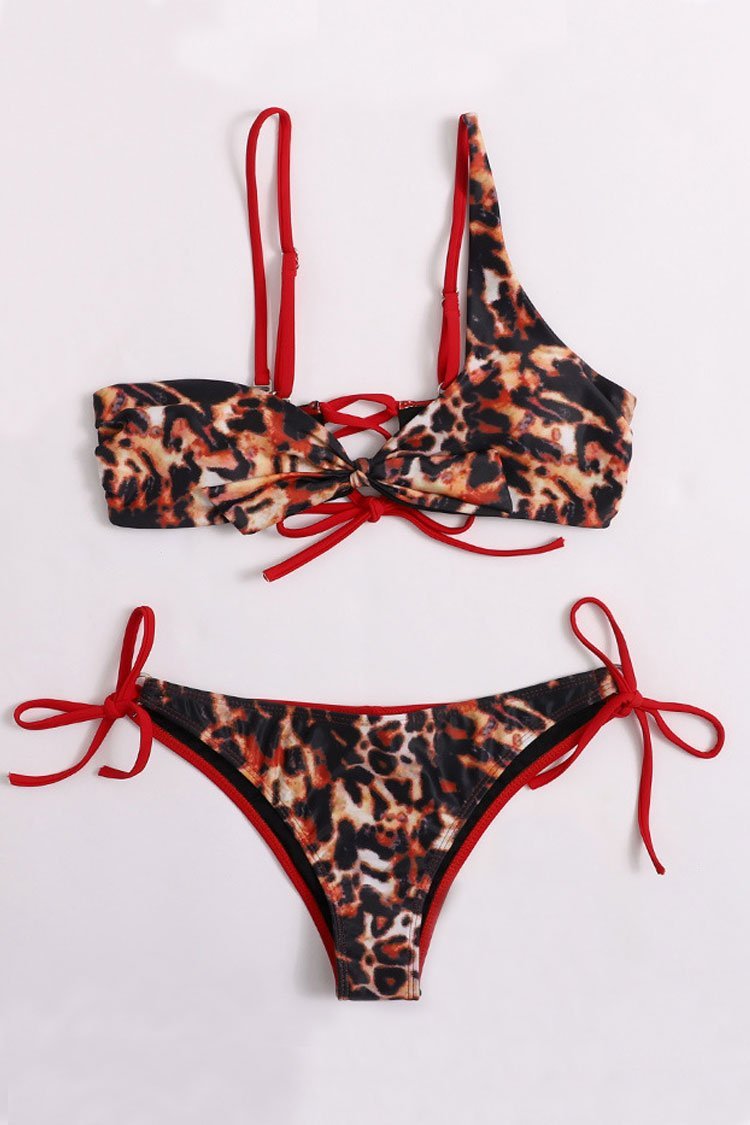 Contrast Leopard Knotted String Brazilian Bikini Swimsuit - Two Piece Set