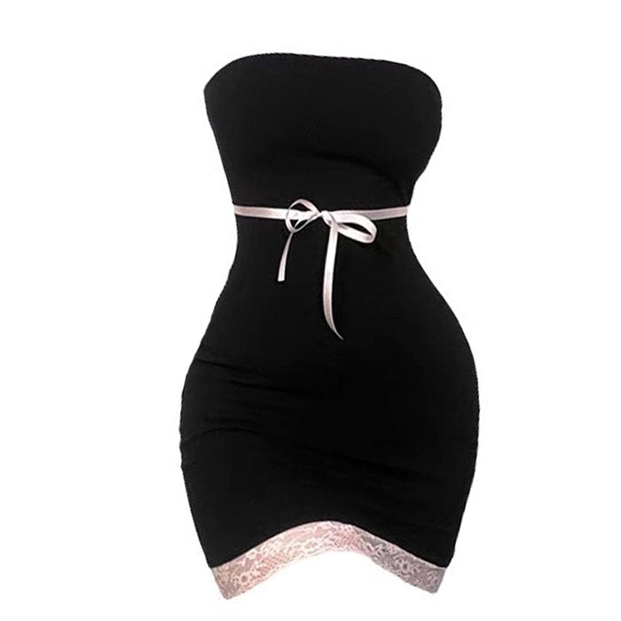 Strapless Bow Waist Lace Hem Bodycon Mini Dress