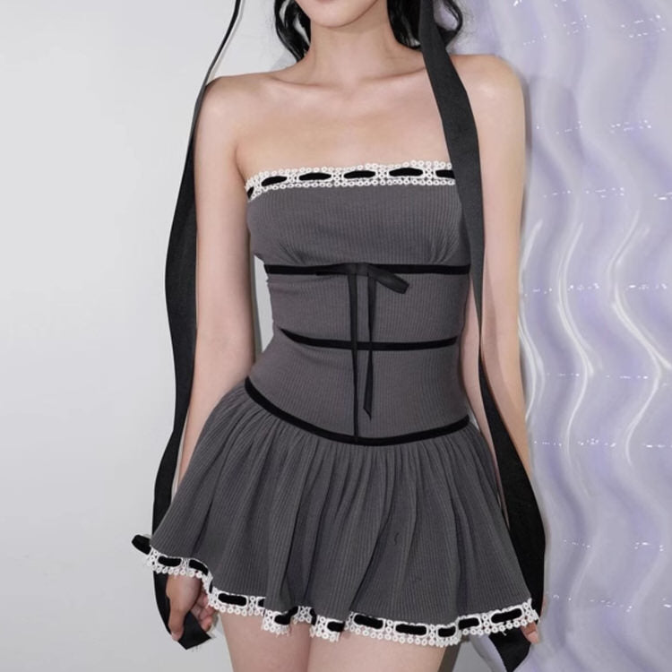 Eyelet Lace Trim Ribbon Bow Gathered Skirt Tube Mini Dress 5