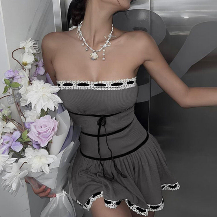 Eyelet Lace Trim Ribbon Bow Gathered Skirt Tube Mini Dress 6