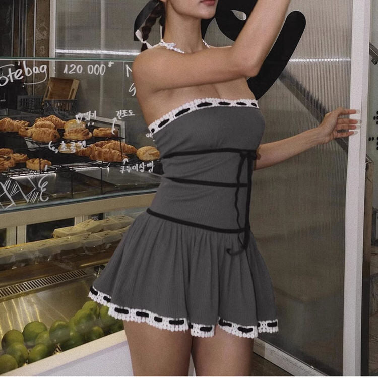 Eyelet Lace Trim Ribbon Bow Gathered Skirt Tube Mini Dress 3