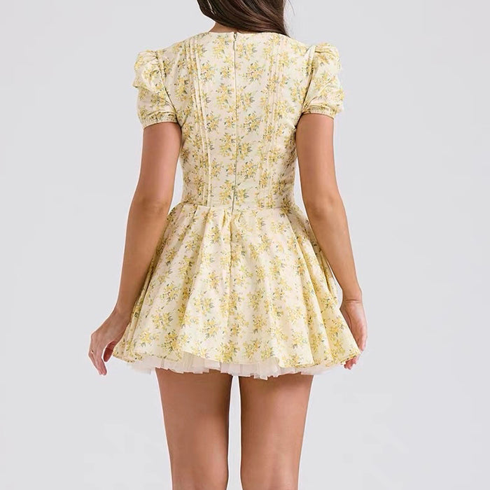Ditsy Floral V Neck Puff Sleeve Corset Waist Skater Mini Dress 9