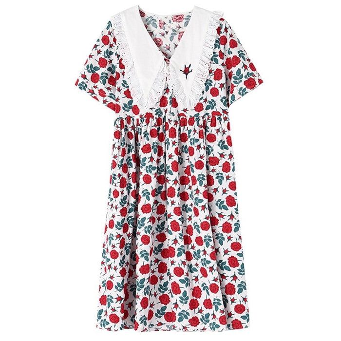 Floral Print Oversized Lace Collar Empire Waist Midi Dress