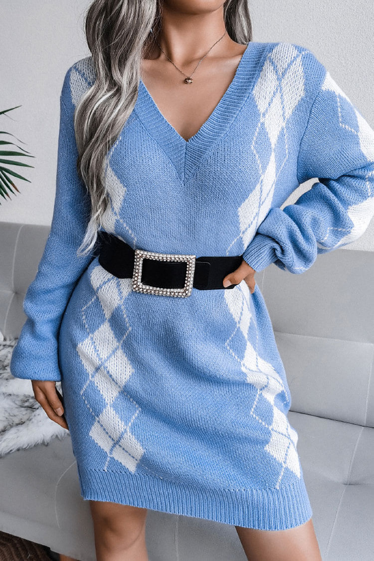 Argyle Print Rib Knit Deep V-Neck Long Sleeve Mini Sweater Dress 2