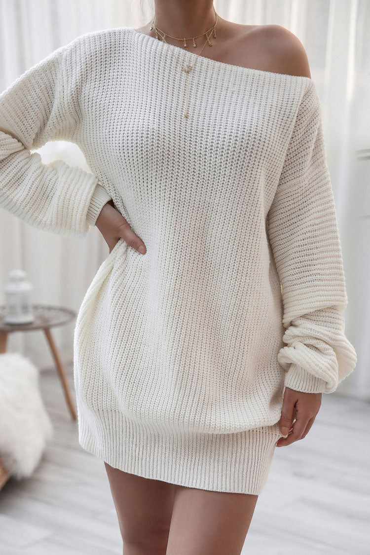 Ribbed Knit Off Shoulder Boat Neck Balloon Sleeve Sweater Mini Dress 3