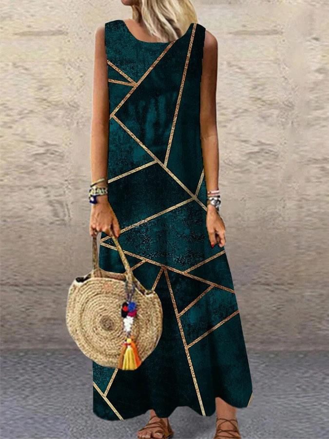 Crew Neck Geometric Line Print Sleeveless Maxi Dress