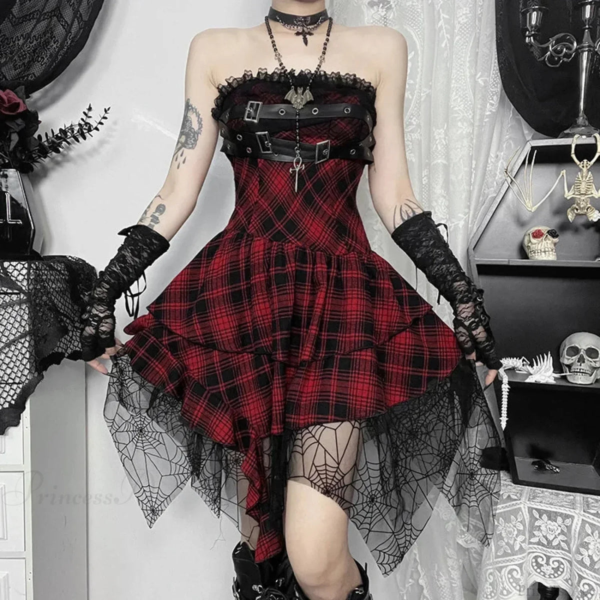 Plaid Strapless Buckle Strap Tiered Spiderweb Lace Trim Mini Dress