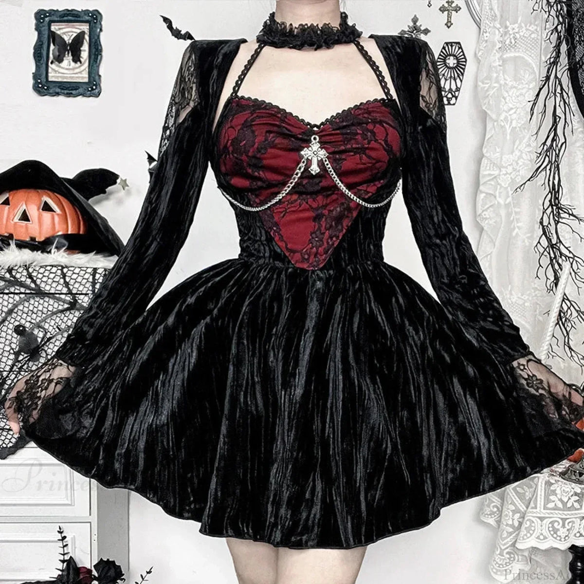 Gothic Lace Velvet Halter Choker Cross Chain Bell Sleeve Mini Dress 3