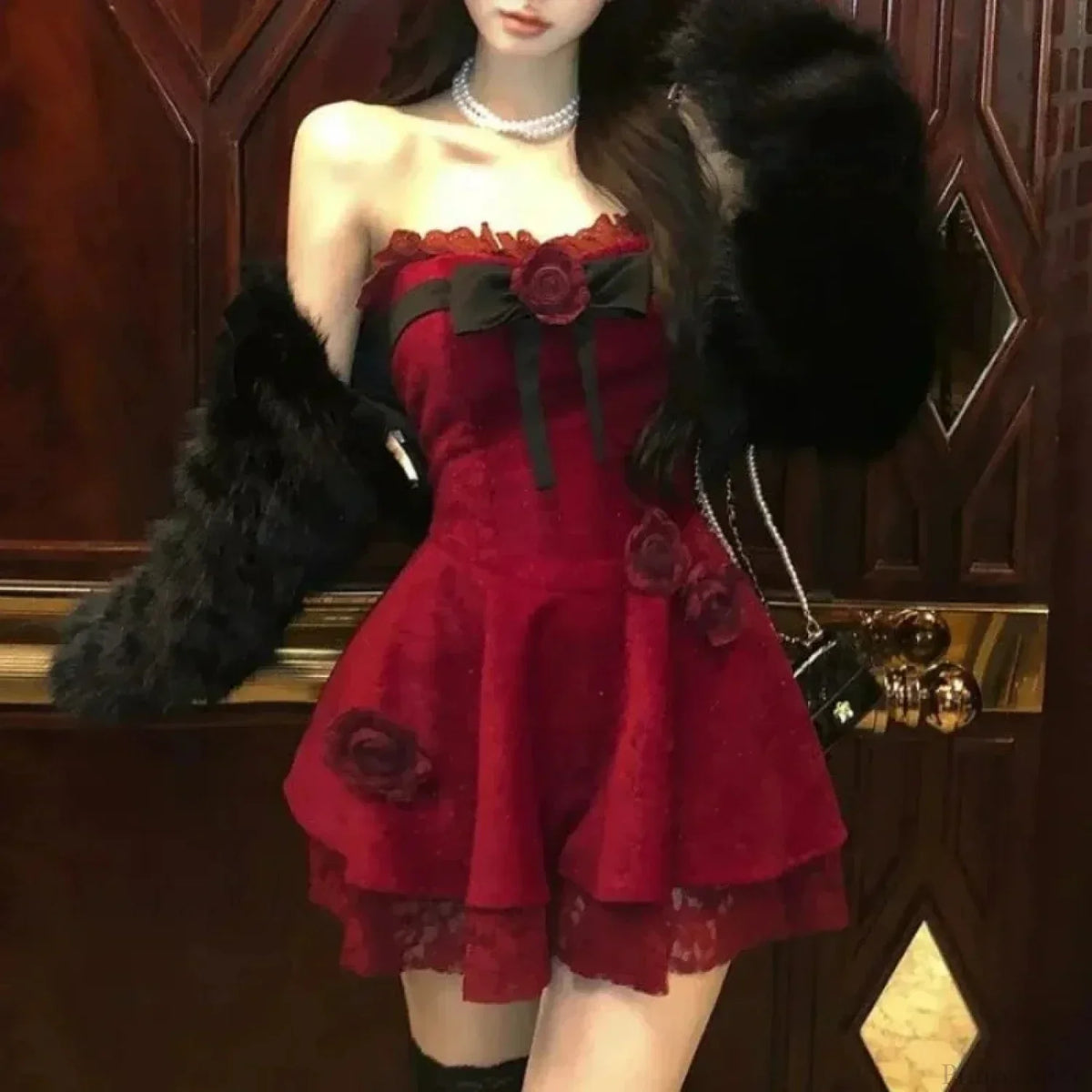 3D Rosette Bow Lace Trim Strapless Tiered Mini Dress
