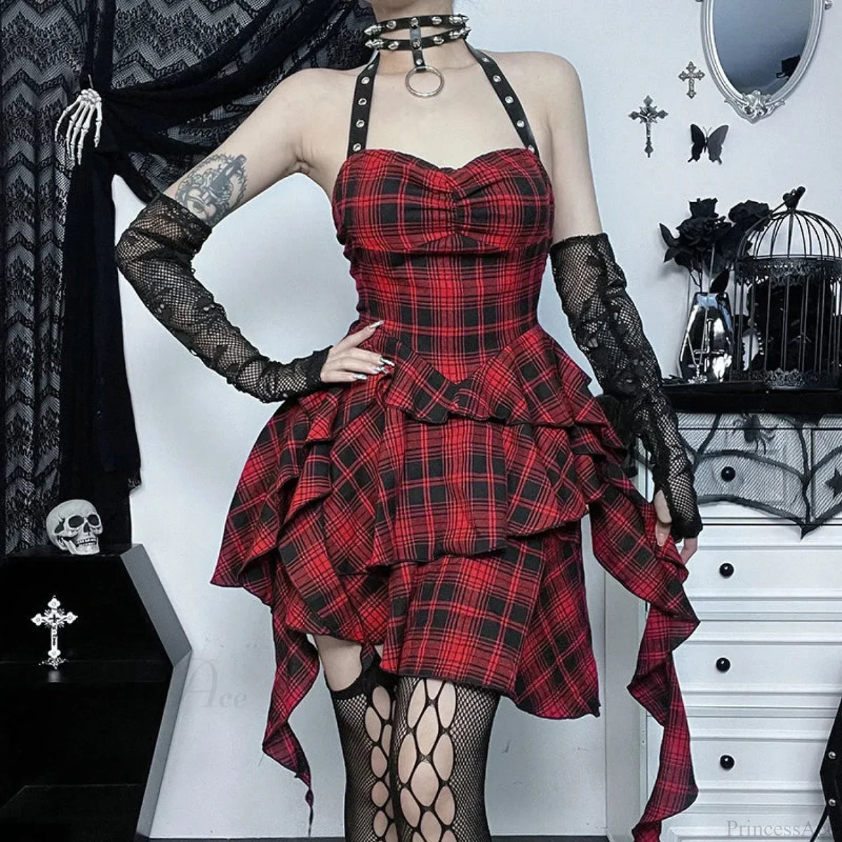 Tartan Plaid Halter Faux Leather Strap Tiered Ruffle Mini Dress 2