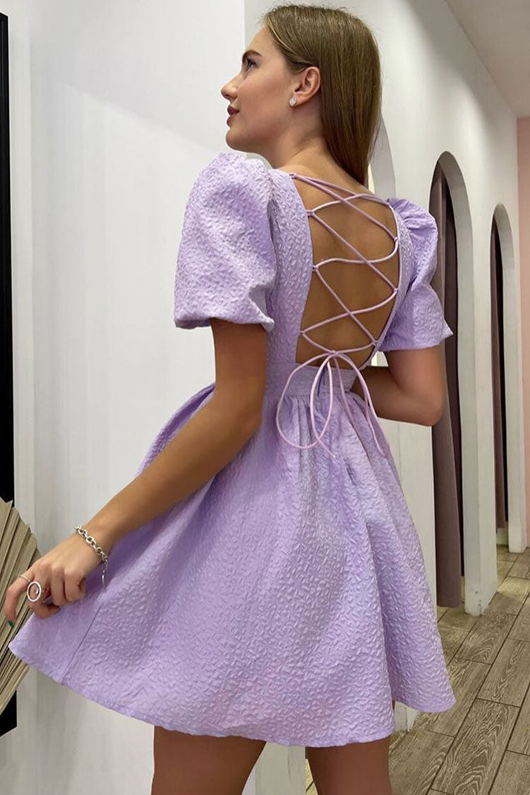Square Neck Puff Sleeve Textured Floral Seersucker Lace-Up Back Fit-and-Flare Mini Dress 3